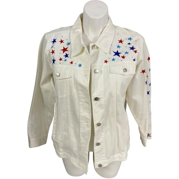 Quacker Factory Jacket Womens Sz Large Patriotic Angel Folk Art Americana Cotton - Picture 2 of 13